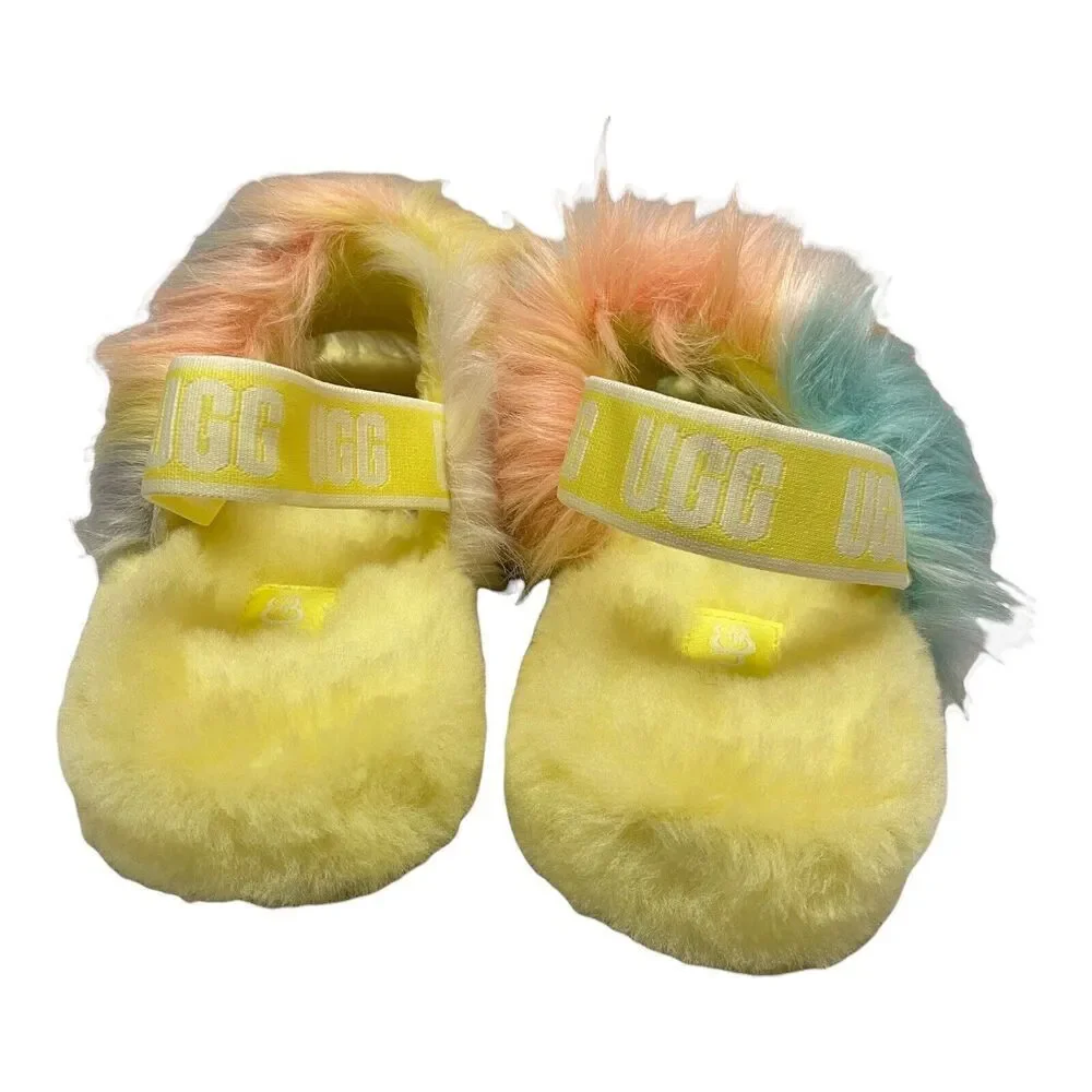 UGG Slippers Girls 4 Yellow Slides Fluff Yeah Tie Dye Lemonade‎ 1120033K Comfy